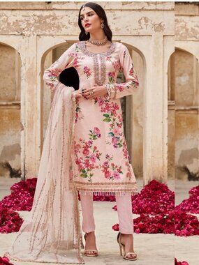 Indian Clothes Lashkaraa - Soft Pink Floral Crepe Straight Suit